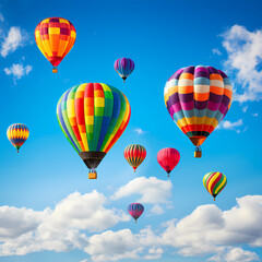 Rainbow-colored hot air balloons ascending against a clear blue sky.