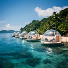 Row of transparent beach domes allowing underwater views of marine life.