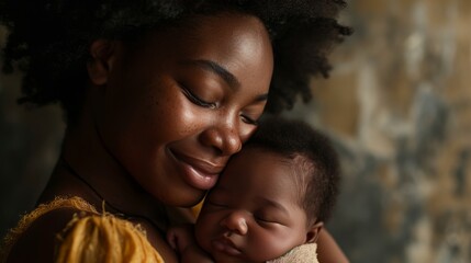 African black Mother smiling, holding newborn baby in her arms - obrazy, fototapety, plakaty