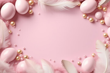 light pink Easter banner, along the perimeter are dyed eggs glossy pink color. Additional decorative elements delicate feathers, pearl beads of pink  gold color. Conceptual poster, advertising banner