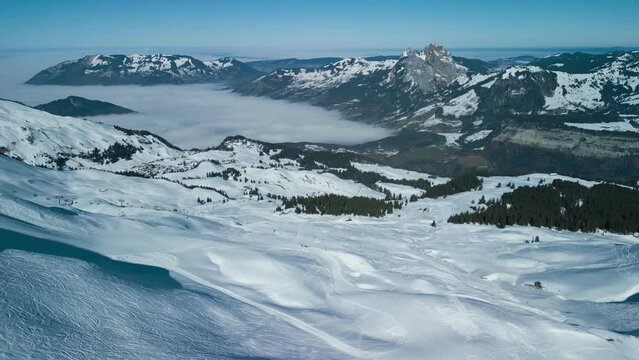 Aerial view of snow covered ski slopes at Stoos,Switzerland