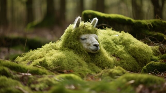 An alpaca with a content expression, resting in a bed of soft moss.