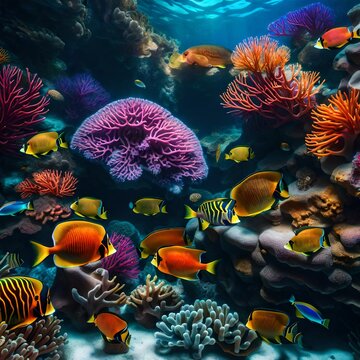 nice view of  an aquarium which contains fishes and coral reefs and some stones 