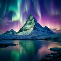 Fototapeta na wymiar Snow-covered mountain peak under the enchanting glow of the aurora borealis.