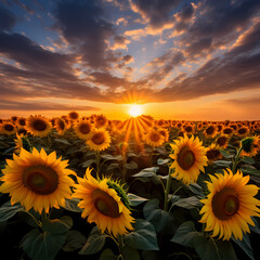 Sunflowers bathed in the warm hues of a sun setting on the horizon.