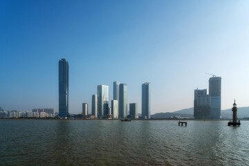 Naklejka premium Landscape of Hengqin CBD along the Zhuhai coastline..