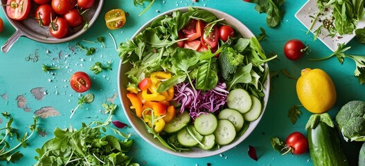 Overhead shot of a colorful salad bowl filled with various fresh vegetables on a vibrant green background.