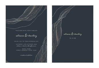 Dark grey abstract wavy line art wedding invitation template - 697904078