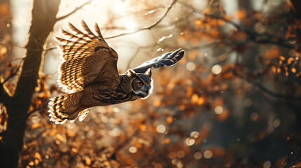 owl flying on auntum forest