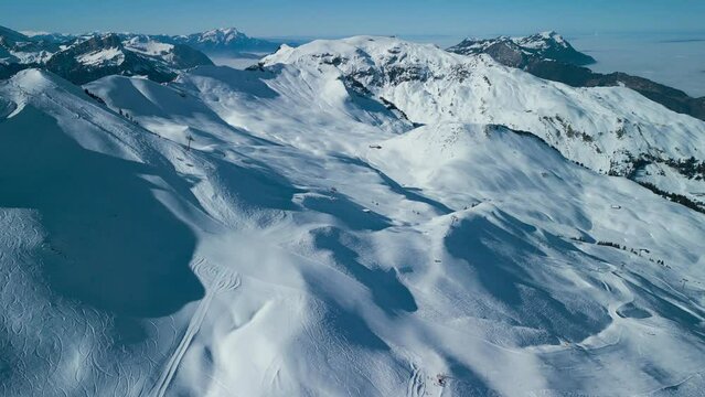 Aerial view of snow covered ski slopes at Stoos,Switzerland