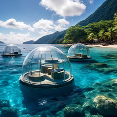 Transparent domes on a beach providing views of an underwater world.