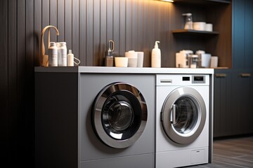 A washing machine standing tall in a modern laundry room, It's sleek design. Generative AI. - obrazy, fototapety, plakaty