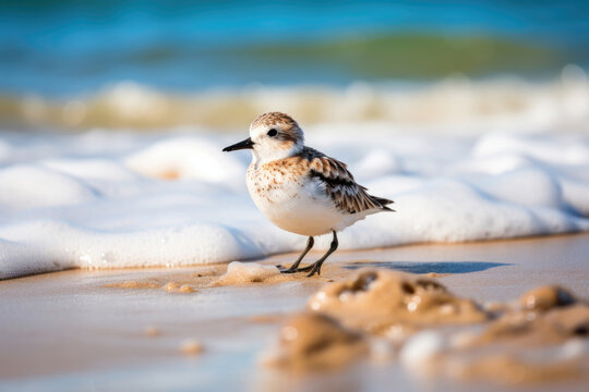 A Spoon-billed Sandpiper, a migratory shorebird, wading in shallow coastal waters