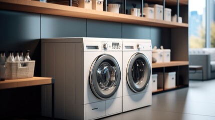 A washing machine standing tall in a modern laundry room, It's sleek design. Generative AI.