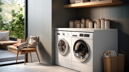 A washing machine standing tall in a modern laundry room, It's sleek design. Generative AI. - obrazy, fototapety, plakaty