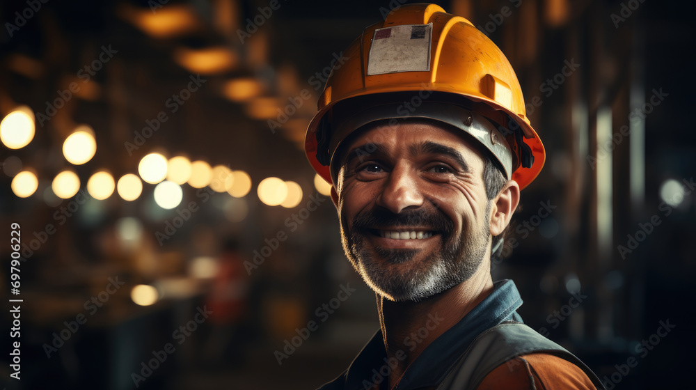 Aufkleber Smile of worker at work wearing helmet. Generative AI.
