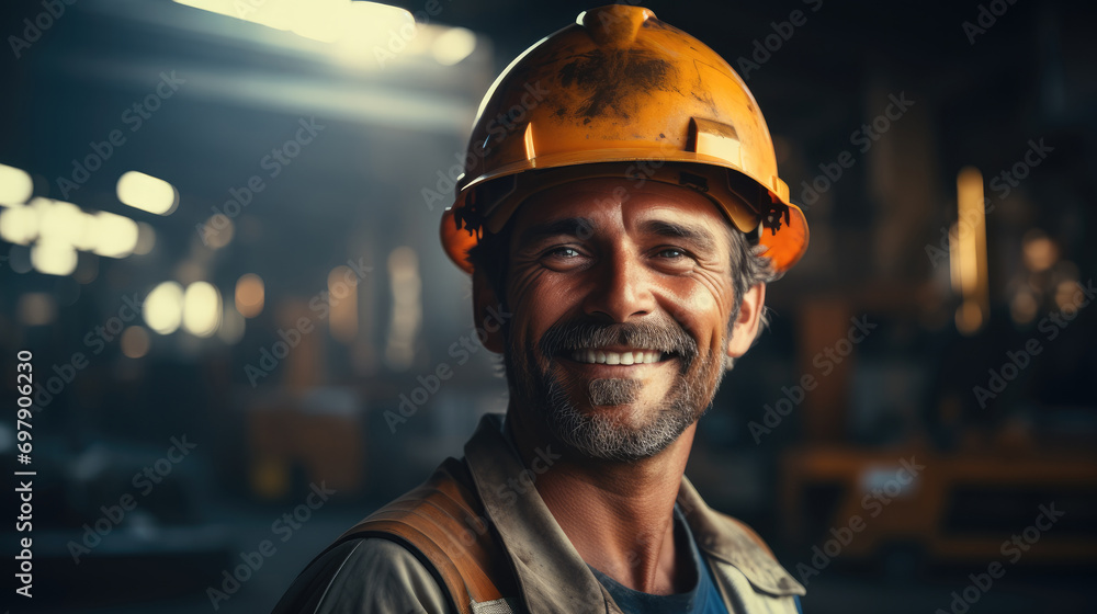 Poster smile of worker at work wearing helmet. generative ai.