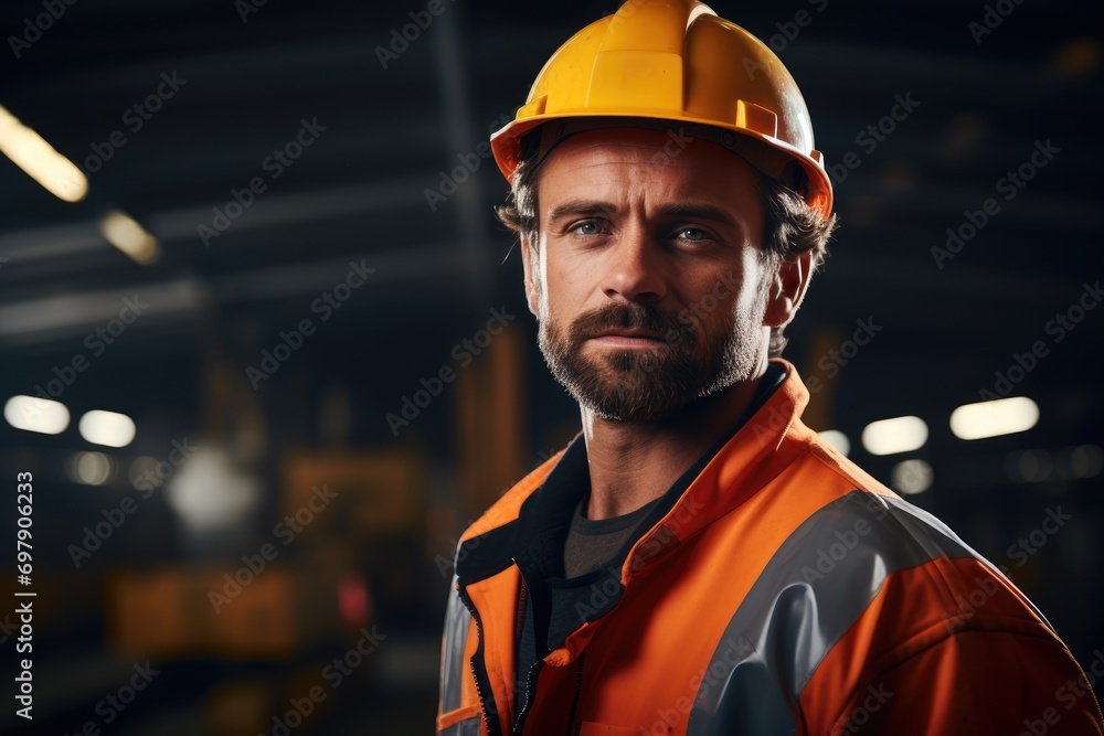 Poster Construction worker in professional uniform. Generative AI.