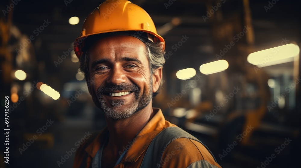 Aufkleber Smile of worker at work wearing helmet. Generative AI.