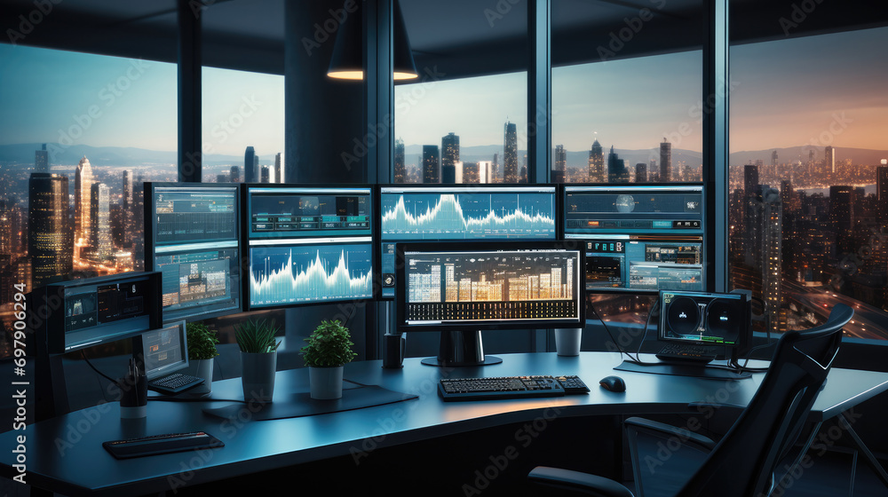 Poster An office with several monitors and trading screens. Generative AI.