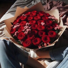 an image bouquet of many Red roses in wrapping paper.