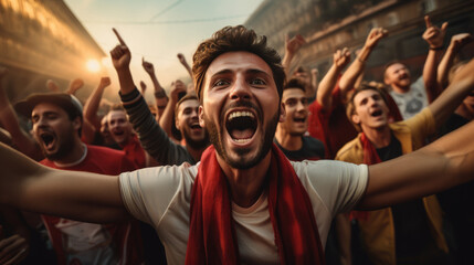 Fototapeta na wymiar Soccer fans big surprise because their team win. Generative AI.