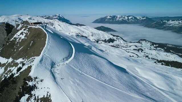 Aerial view of snow covered ski slopes at Stoos,Switzerland
