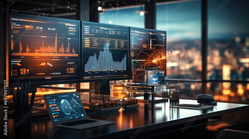 Aufkleber A modern business setting with screens displaying data analytics charts. Generative AI.