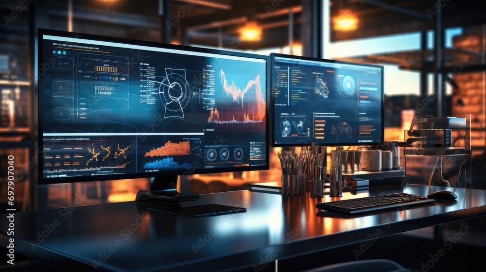 Aufkleber A modern business setting with screens displaying data analytics charts. Generative AI.