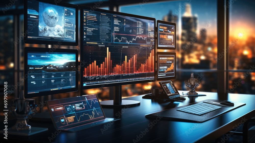 Aufkleber A modern business setting with screens displaying data analytics charts. Generative AI.