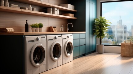 A room with a washer and dryer surrounded by cabinets. Generative AI.
