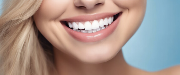 Young woman with a beautiful smile and white teeth, isolated on a blue background, who has undergone teeth whitening treatment by a dentist to improve his dental health.