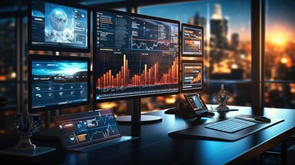 A modern business setting with screens displaying data analytics charts. Generative AI.