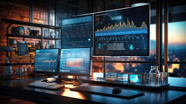 A modern business setting with screens displaying data analytics charts. Generative AI.