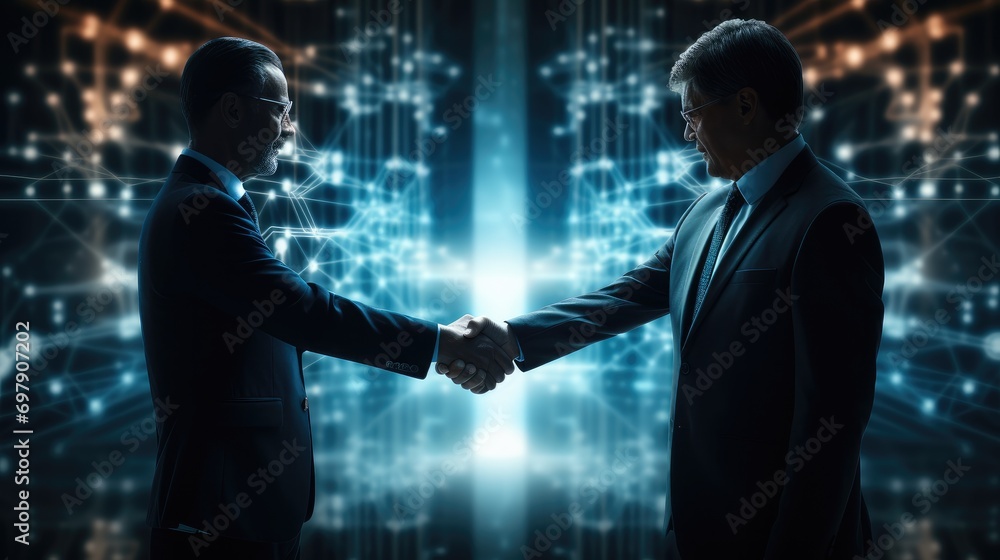 Canvas Prints Two business people shaking hands with different digital technology symbols on top of a background. Generative AI.