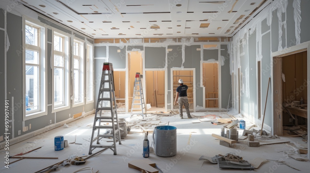 Poster drywall installation in a residential construction project. generative ai.
