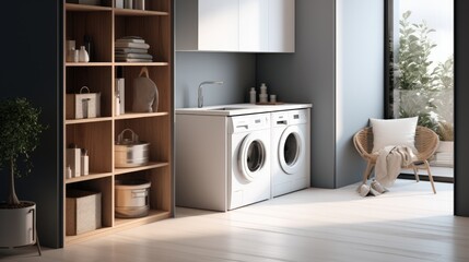 A high quality room with washing machine cabinet. Generative AI. - obrazy, fototapety, plakaty