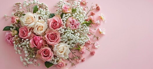 Artistic display of roses and gypsophila forming a heart shape on a pastel pink backdrop.