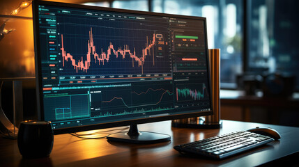Computer screen at the display with stock graphs on it. Generative AI.