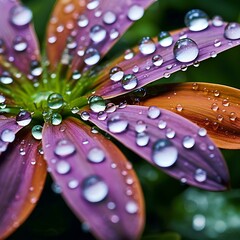 Realistic photography: a close-up shot of water droplets from the tip on a flower in the morning.