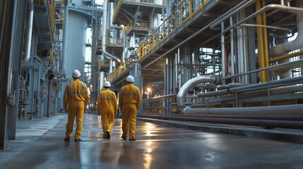 Engineer doing survey at oil and gas refinery plant wearing yellow coverall  - obrazy, fototapety, plakaty