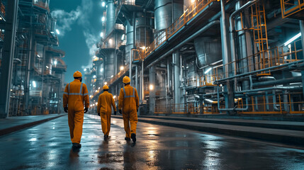 Engineer doing survey at oil and gas refinery plant wearing yellow coverall 