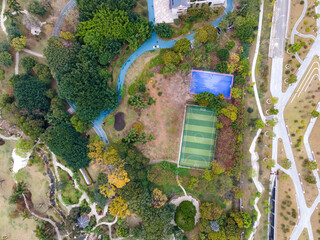 Aerial photography of outdoor urban gardens and natural landscapes..
