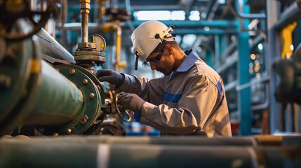 Engineer operator repairs valve equipment in plant industry  - obrazy, fototapety, plakaty