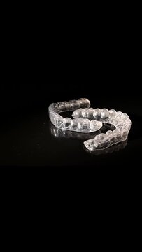 Transparent plastic mouth guards for bite alignment spin on a black background. Vertical video. 