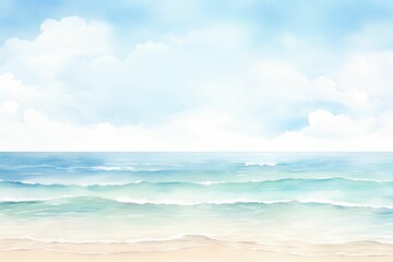 Watercolor Beach Background: Serene Coastal Seascape Painting - obrazy, fototapety, plakaty