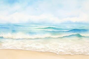 Fototapeta na wymiar Watercolor Beach Background: Serene Coastal Seascape Painting