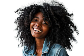 Studio portrait of a beautiful African American woman with clean healthy skin and long shaggy hairstyle smiling and cheerful isolated on transparent png background. - Powered by Adobe