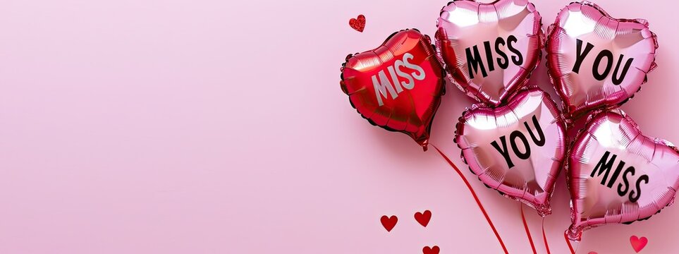 foil heart balloons spelling "miss you"