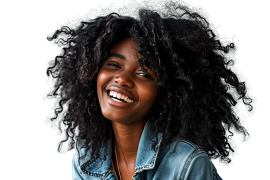 Studio portrait of a beautiful African American woman with clean healthy skin and long shaggy hairstyle smiling and cheerful isolated on transparent png background.